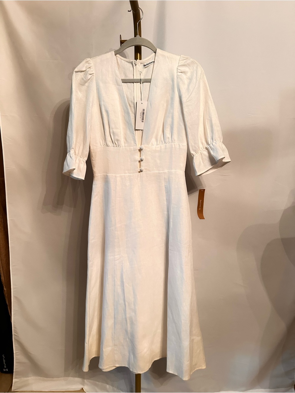 NWT Reformation White V-Neck Linen Midi Dress with Puff Sleeves